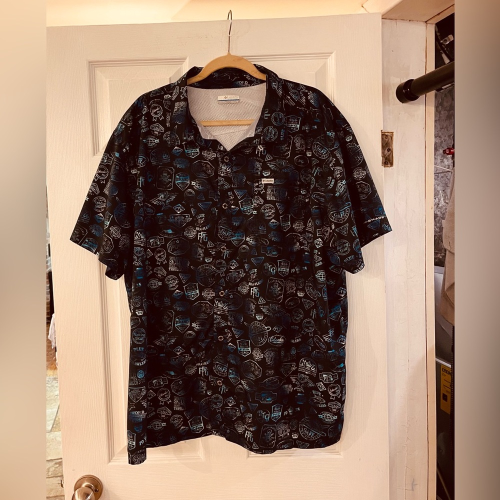 Columbia Men's Black Polo Shirt with Blue Graphic Print